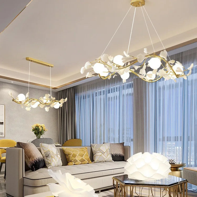 Luxury living room chandelier featuring ginkgo leaf lighting design