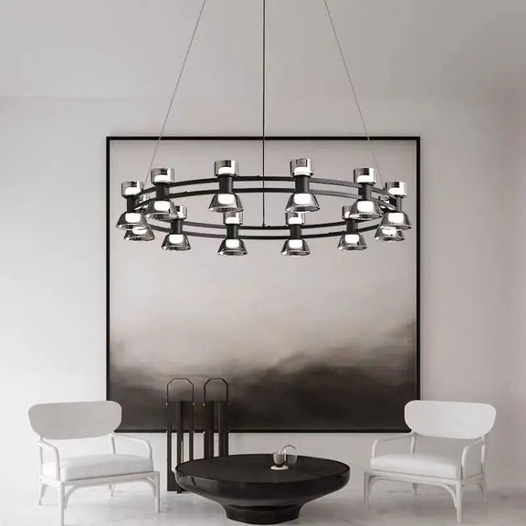 Black frame chandelier with smoked glass heads