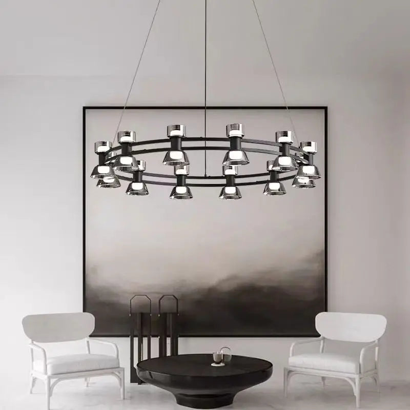 Black frame chandelier with smoked glass heads
