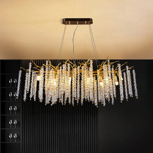 Modern crystal waterfall pendant light over living room