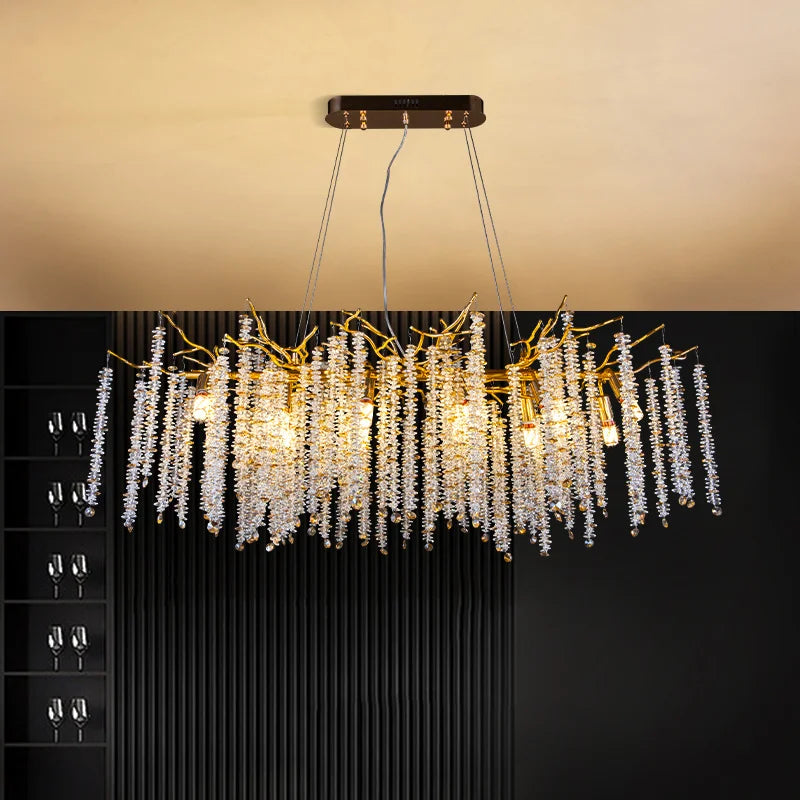 Modern crystal waterfall pendant light over living room
