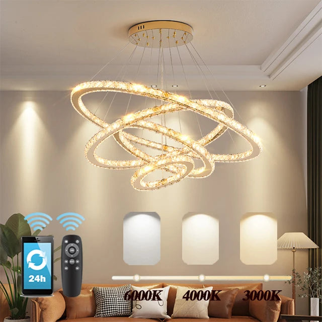 Remote-controlled LED chandelier lighting warm glow