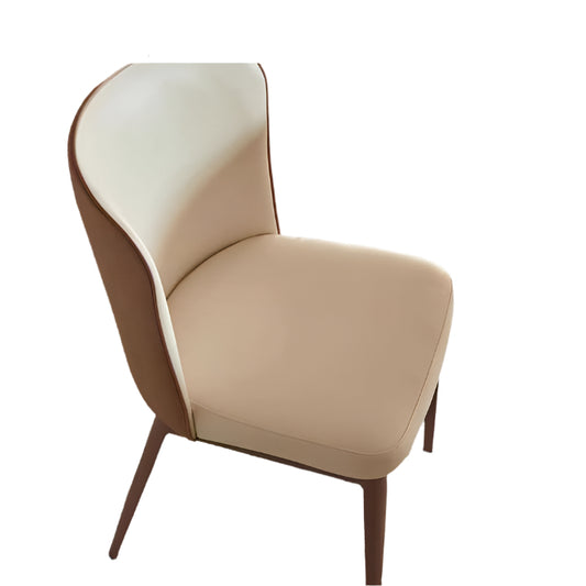A stylish chair featuring a rich cinnamon hue on both the seat and the curved backrest, supported by dark metallic frames