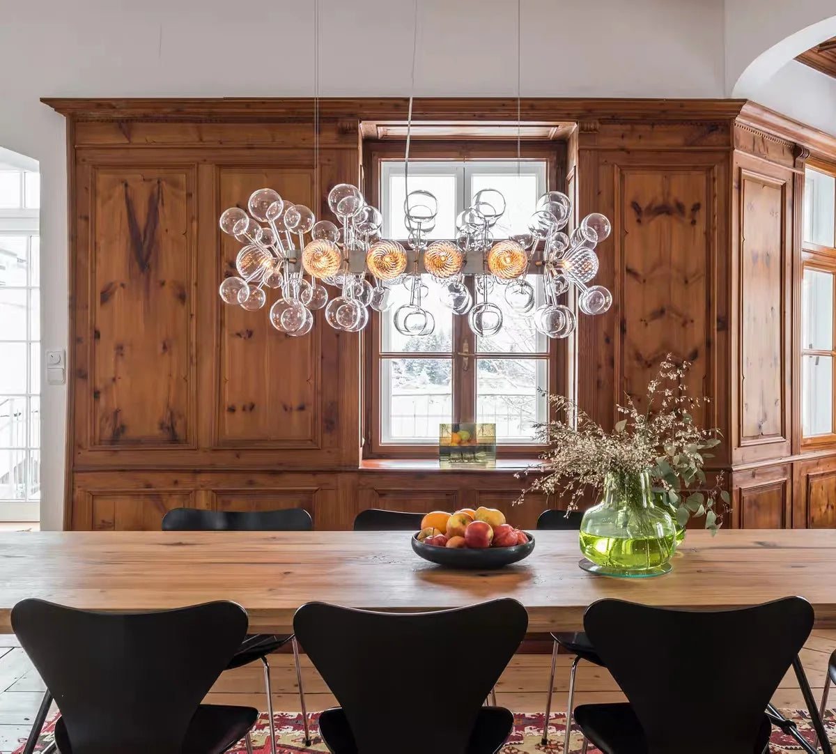 Dining room glass globe chandelier close-up