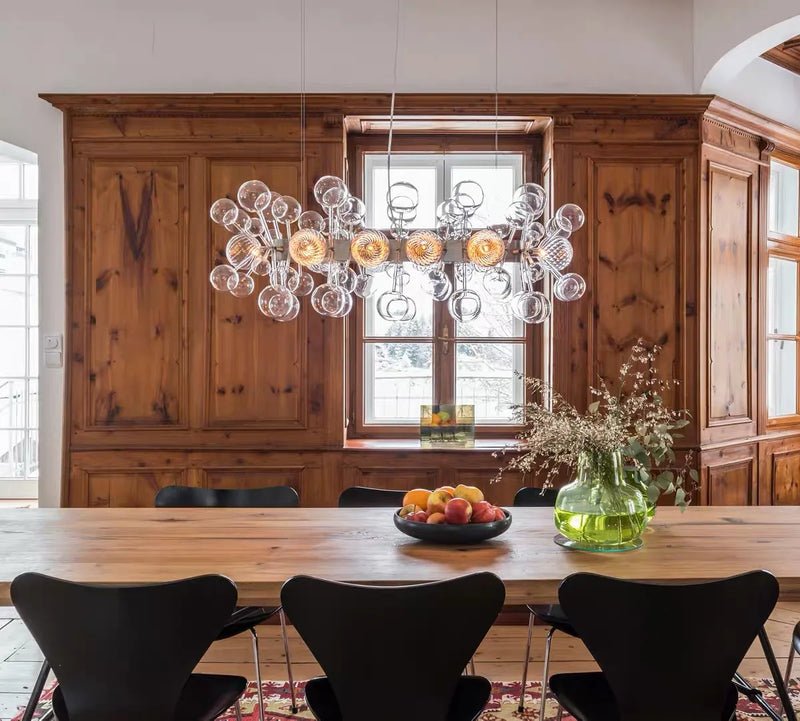 Dining room glass globe chandelier close-up