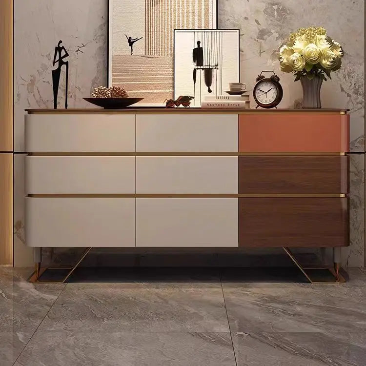 Modern Multi-Tone Sideboard with Gold Accents – Stylish Storage Cabinet /Side Board/Side Cabinet in Cream, Wood & Terracotta