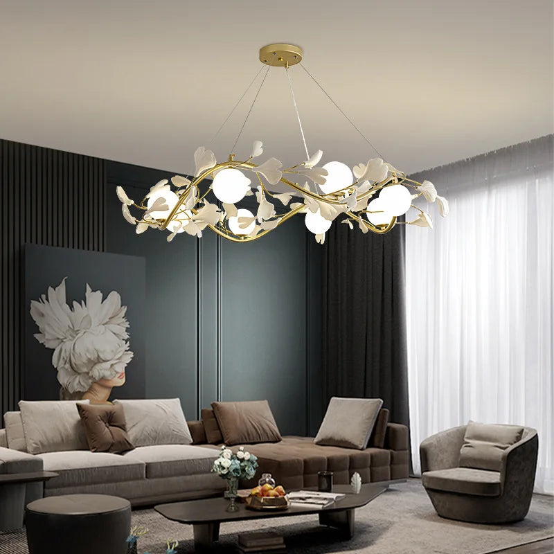 Nordic ginkgo leaf chandelier with gold frame and sculptural leaves