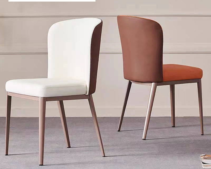 A stylish chair featuring a rich cinnamon hue on both the seat and the curved backrest, supported by dark metallic frames
