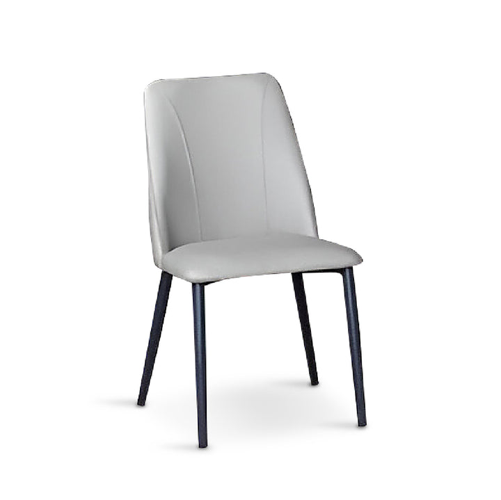 A sophisticated chair featuring a smooth, slate-gray upholstery and slim, metallic legs