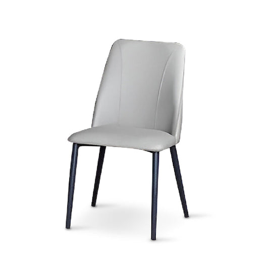 A sophisticated chair featuring a smooth, slate-gray upholstery and slim, metallic legs