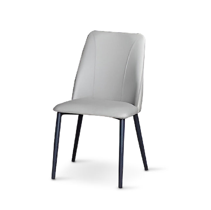 A sophisticated chair featuring a smooth, slate-gray upholstery and slim, metallic legs