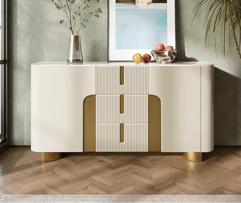 Modern Cream & Gold Sideboard with Ribbed Drawers – Luxurious Storage Cabinet/Side Board/Side Cabinet with Curved Design
