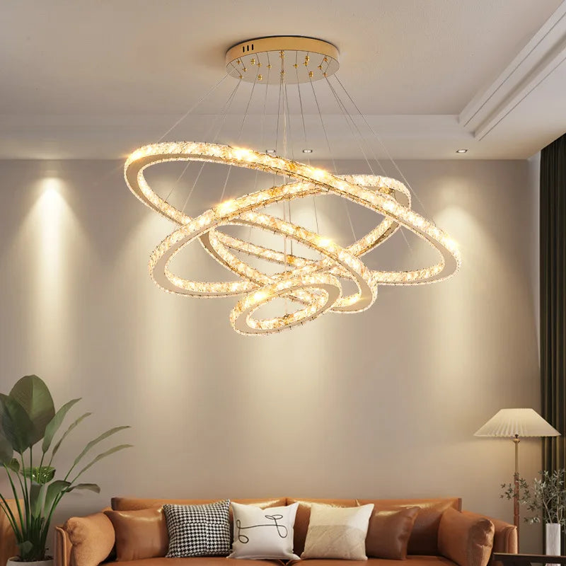 Gold spiral crystal chandelier with 4 LED rings