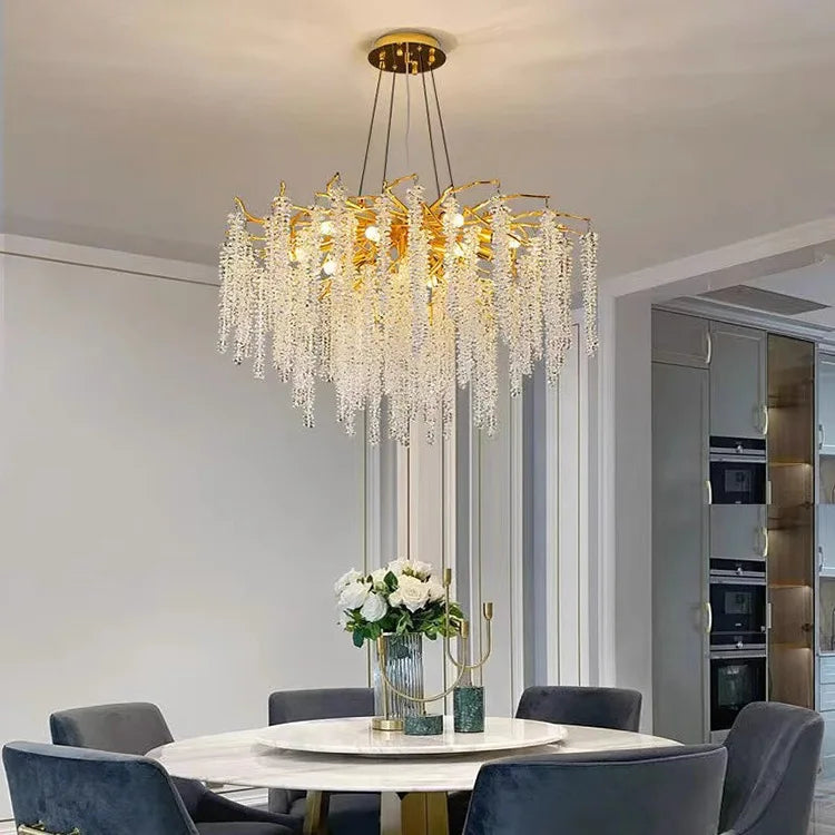 Sculptural branch crystal lamp for dining room ceiling