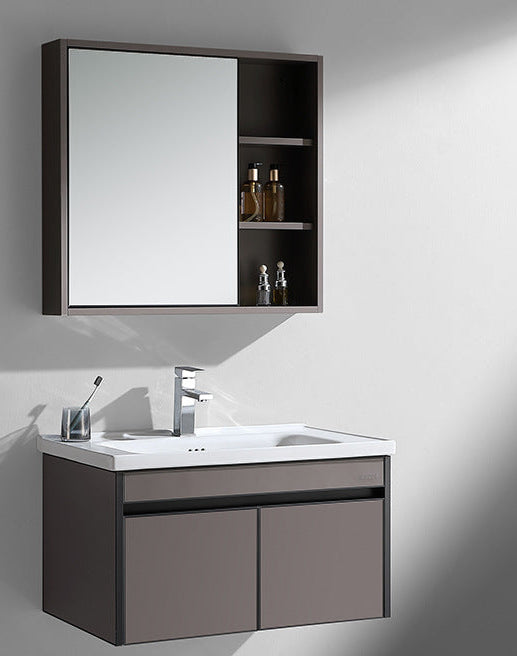 Image Wall-Mounted Stainless Steel Vanity Set with Mirror Cabinet and Ceramic or Rock Basin