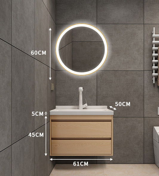 Smart mirror cabinet over wood vanity in modern bathroom