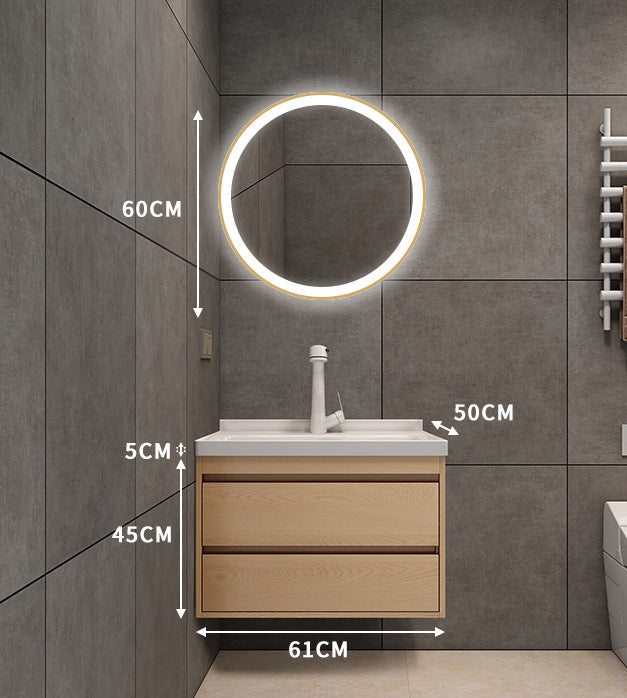 Smart mirror cabinet over wood vanity in modern bathroom