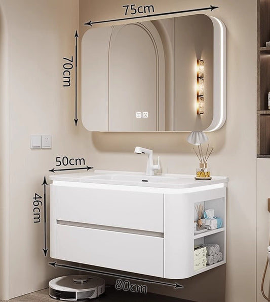 Minimalist bathroom vanity in matte white finish