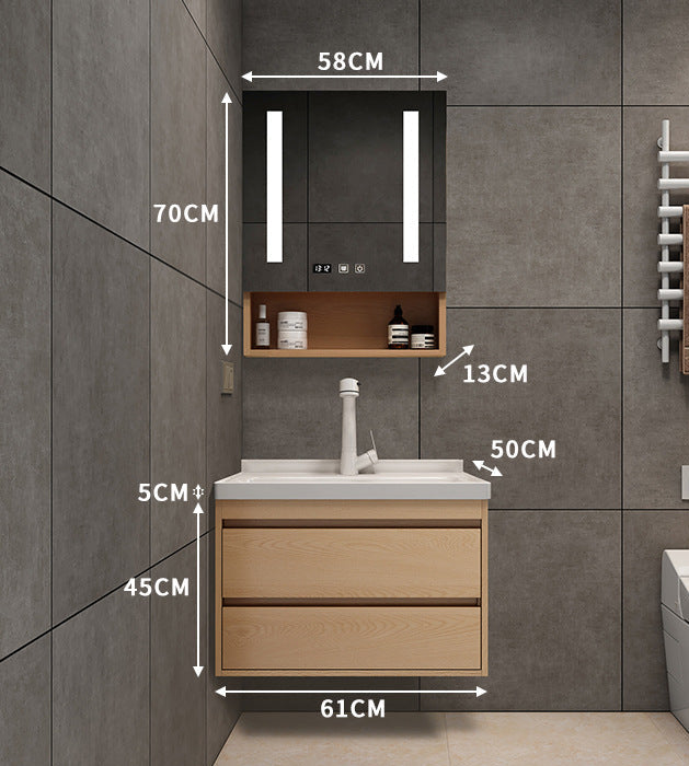 Light luxury wood vanity with integrated white ceramic sink