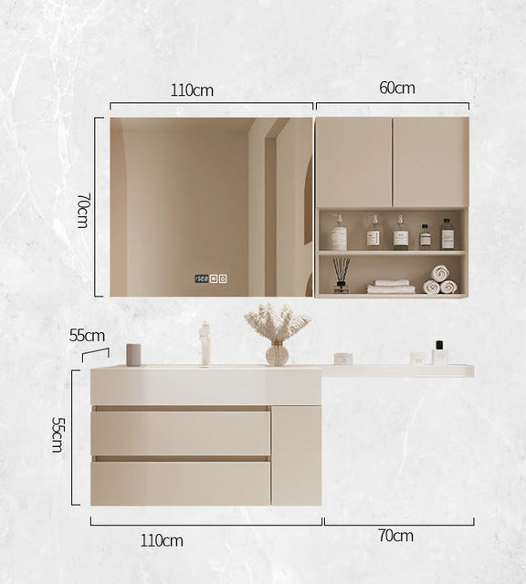 Smart mirror cabinet over cream integrated basin unit