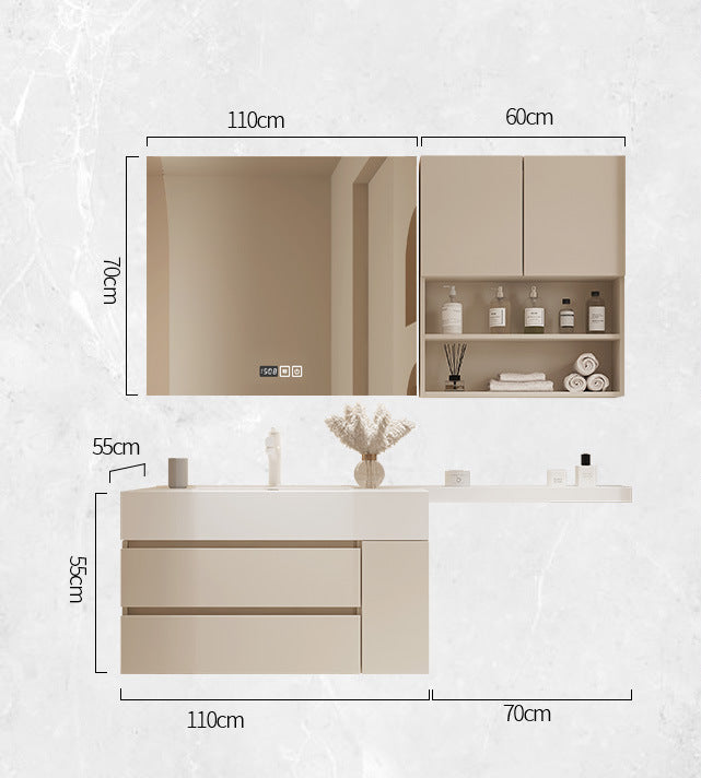 Smart mirror cabinet over cream integrated basin unit