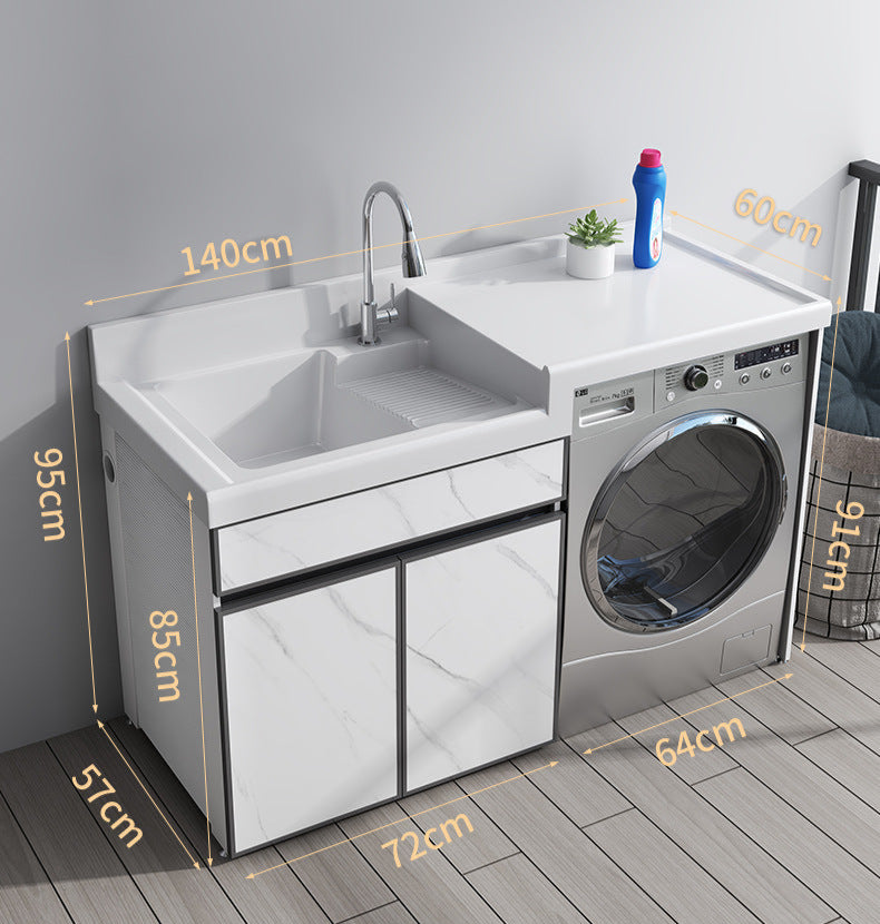 quartz basin laundry cabinet with dual drain system in marble white