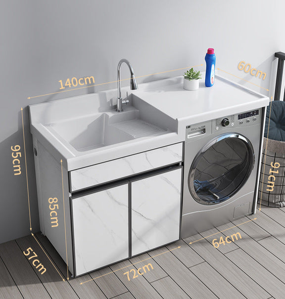 quartz basin laundry cabinet with dual drain system in marble white