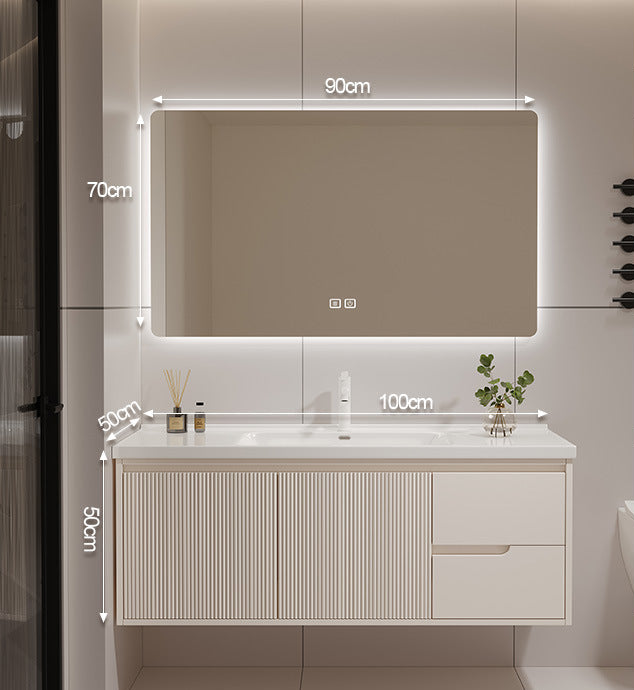 Drawer and cabinet storage layout of cream vanity set