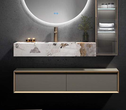 Modern stainless steel wall-mounted bathroom vanity with stone countertop and LED mirror