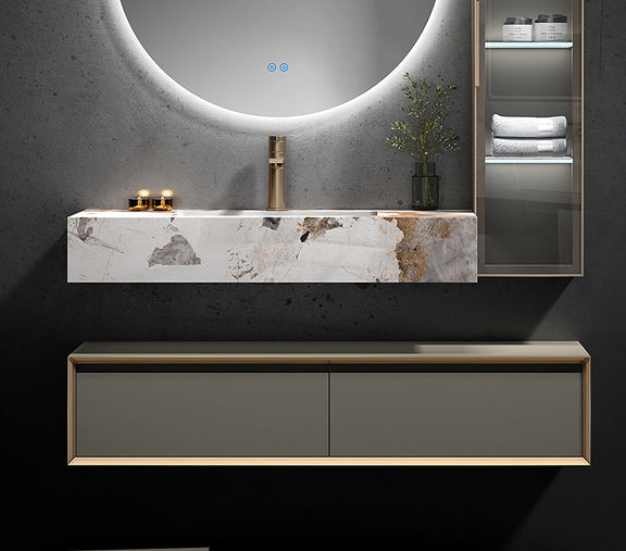 Modern stainless steel wall-mounted bathroom vanity with stone countertop and LED mirror