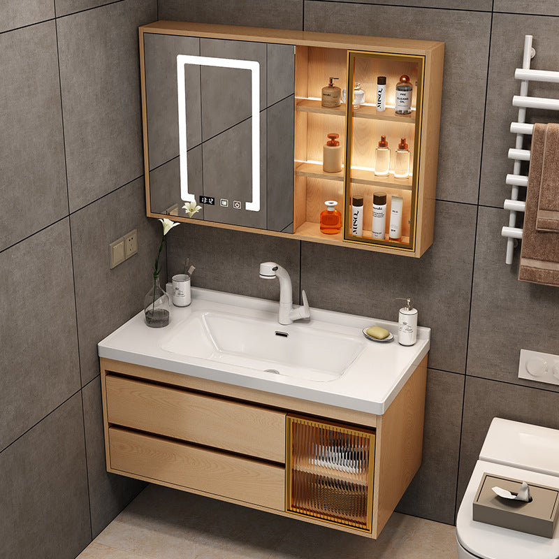 Natural wood wall-mounted bathroom vanity with ceramic basin