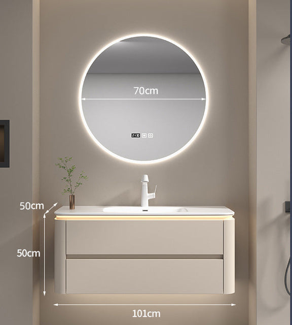 Smart mirror lighting and cabinet shelves bathroom setup