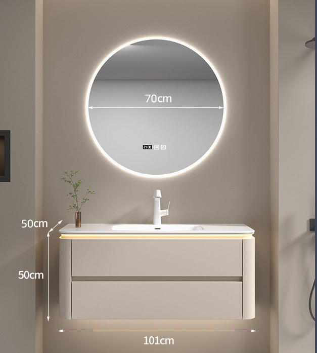 Smart mirror lighting and cabinet shelves bathroom setup