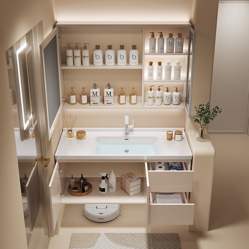 Ceramic integrated basin on cream bathroom cabinet