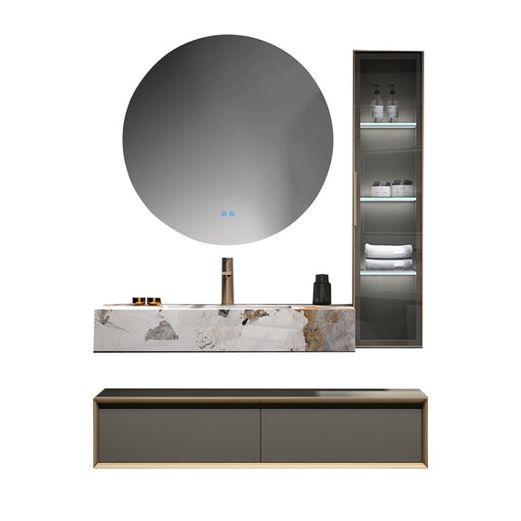 Minimalist stainless steel bathroom unit with stone slab countertop