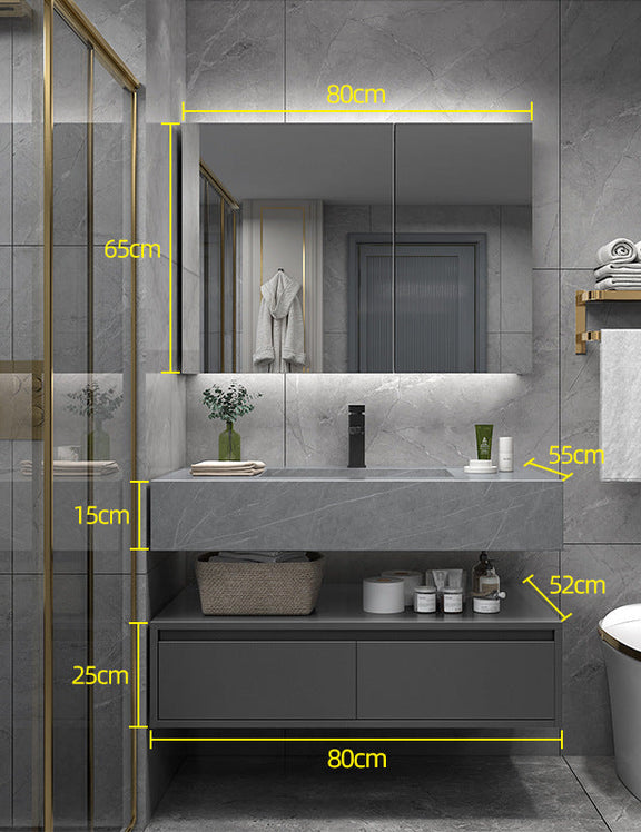 Smart mirror cabinet with LED lighting above double vanity