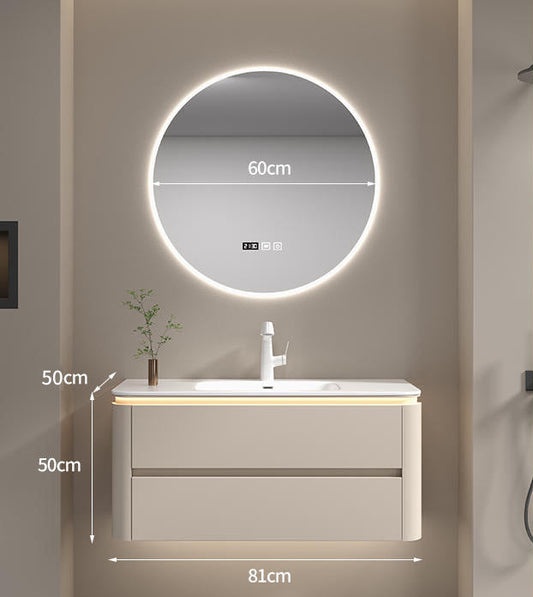 Integrated ceramic basin on modern cream bathroom cabinet