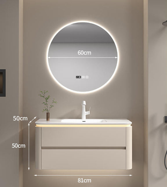 Integrated ceramic basin on modern cream bathroom cabinet