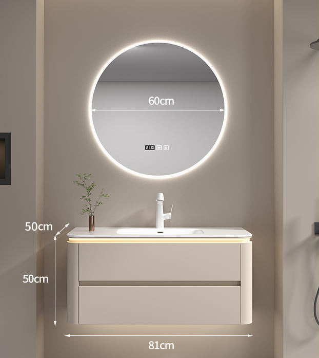 Integrated ceramic basin on modern cream bathroom cabinet