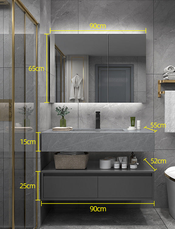 Luxury bathroom vanity with dual faucets and stone top