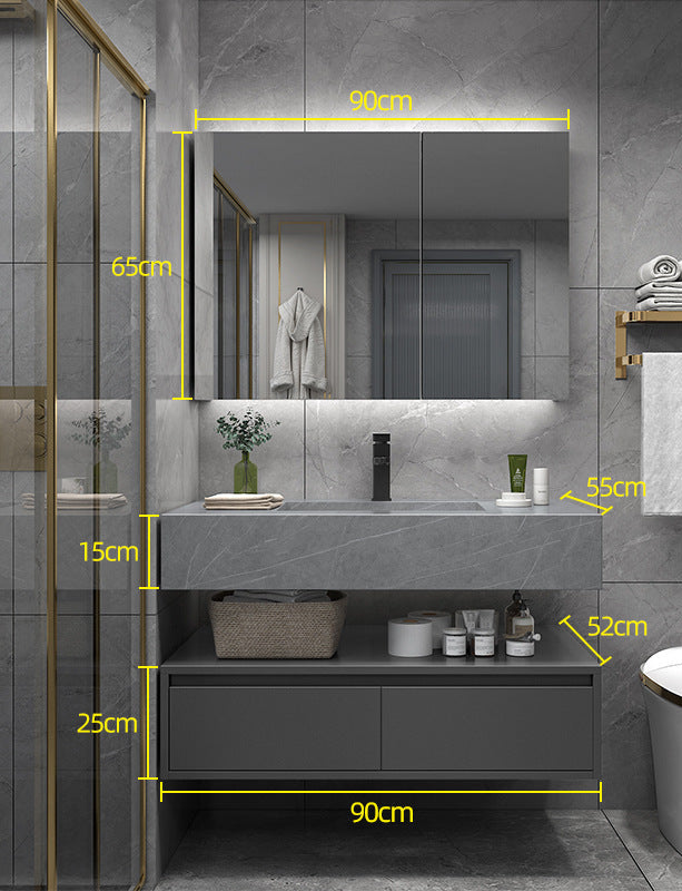 Luxury bathroom vanity with dual faucets and stone top