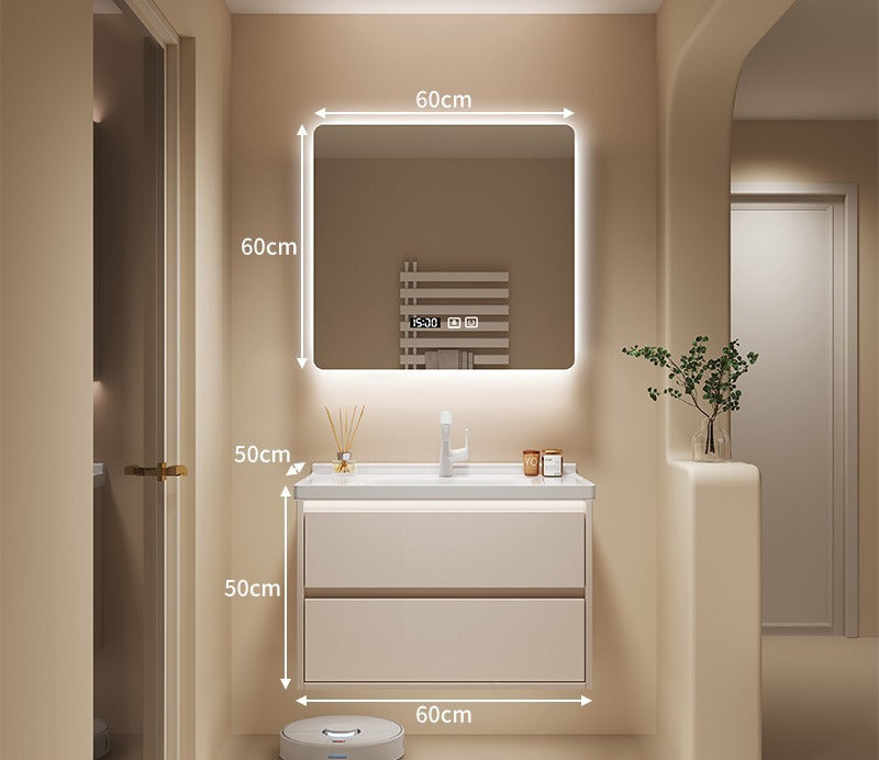 Minimalist cream bathroom sink cabinet with faucet set