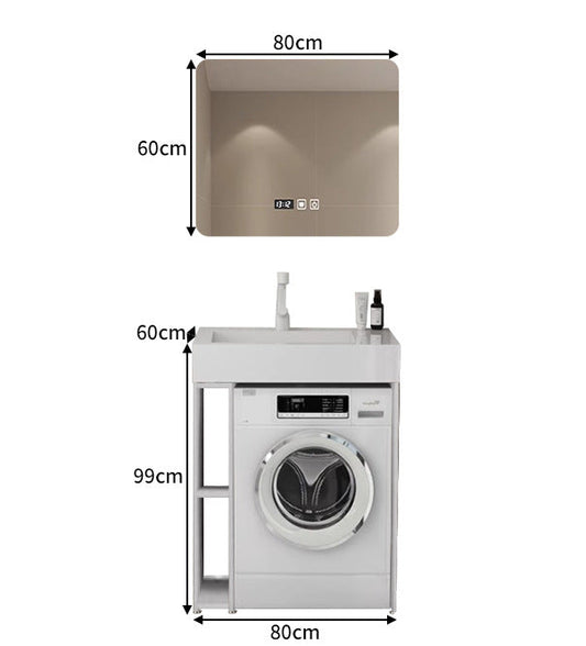 washing machine housing vanity with rock slab countertop