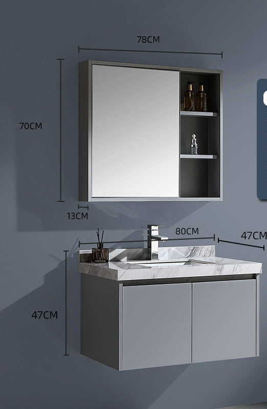 modern vanity unit with basin and open shelf mirror