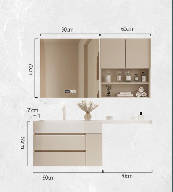 Cream vanity with side extension cabinet and open shelving
