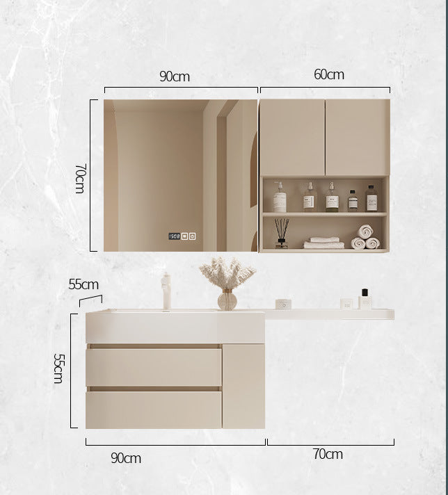 Cream vanity with side extension cabinet and open shelving