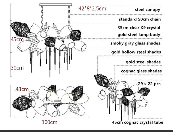 Luxury sculptural crystal chandelier gold finish