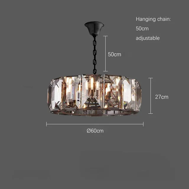 LED crystal statement light above dining table