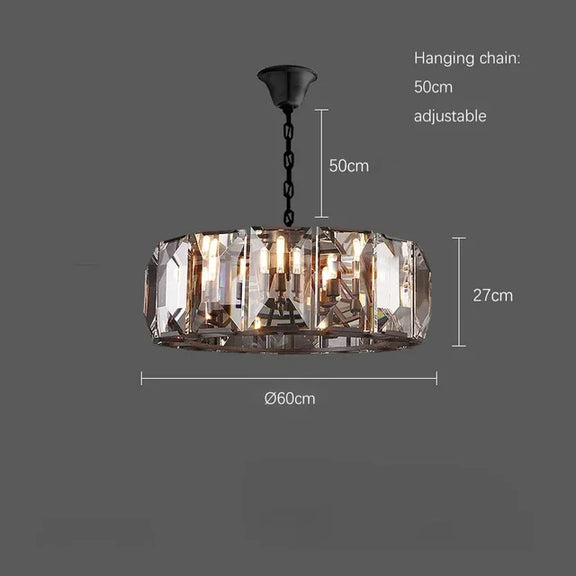 LED crystal statement light above dining table
