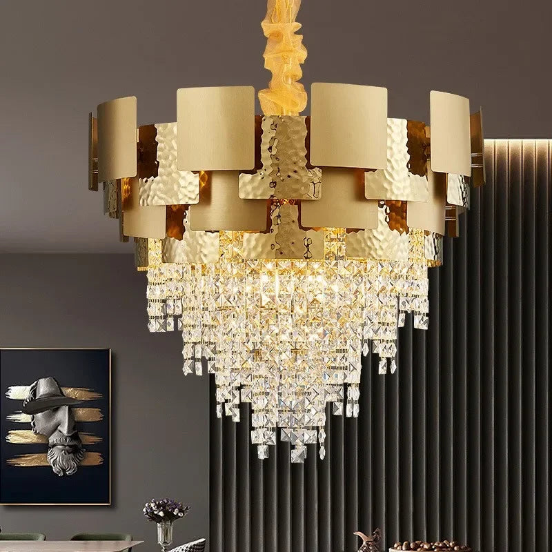 Hammered gold luxury chandelier with cascading crystals